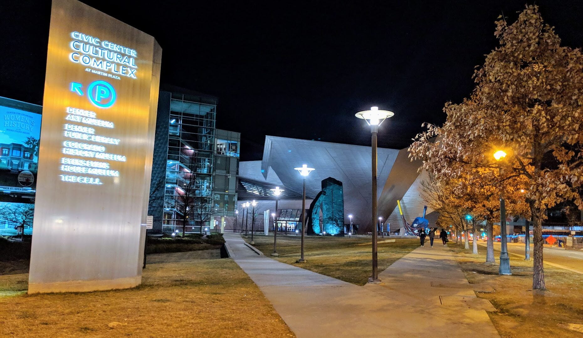 outside of the civic center cultural complex at night