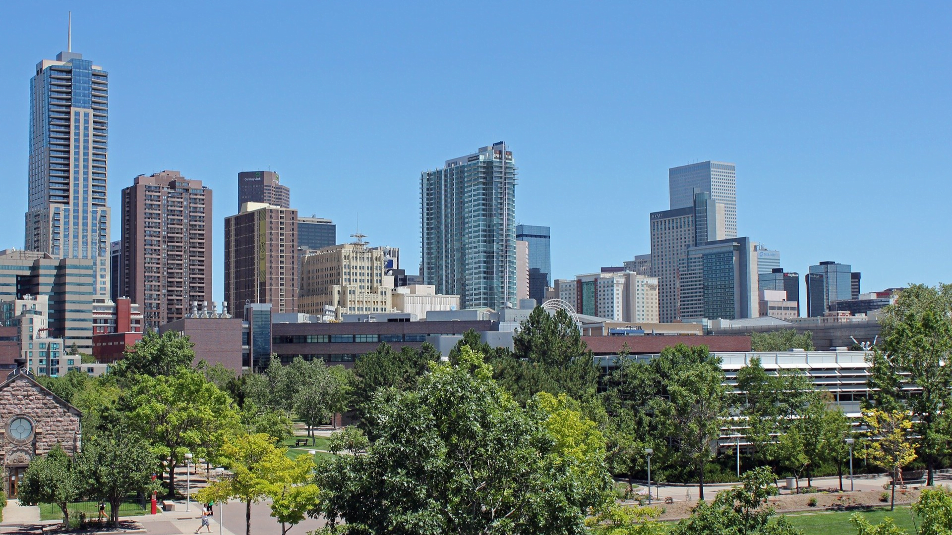 Denver skyline on a sunny summer day, facing east. Green deciduous trees make up the foreground.