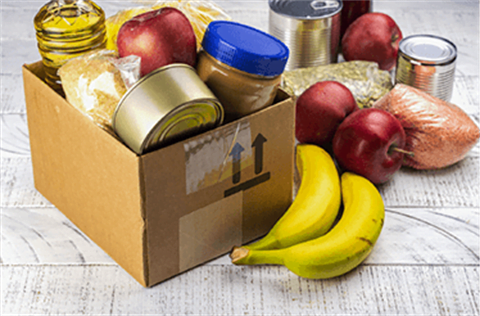 Food donation box filled with perishable and nonperishable food items