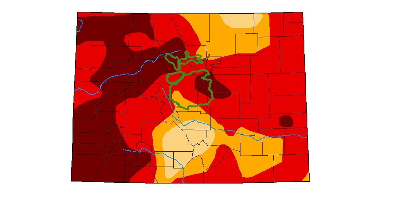 The U.S. Drought Monitor Map in mid-January 2021, with Denver Water’s collection system outlined in green. Image credit: The National Drought Mitigation Center.