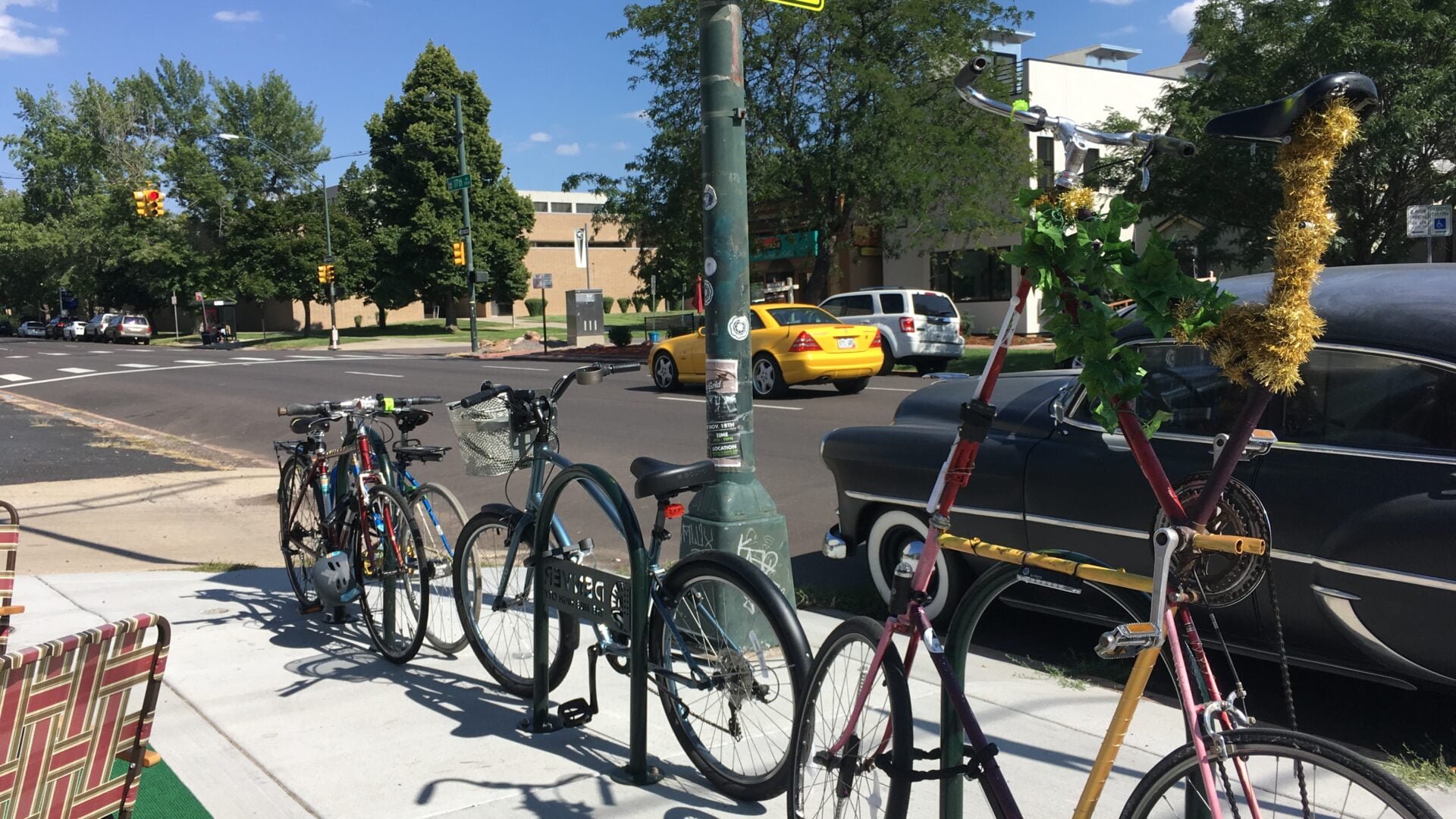 Bicycles parked along a Denver street