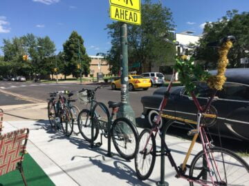 Bicycles parked along a Denver street
