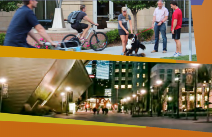 2 images of Golden Triangle neighborhood in Denver; top image shows an active neighborhood, bottom image shows the Denver Art Museum campus