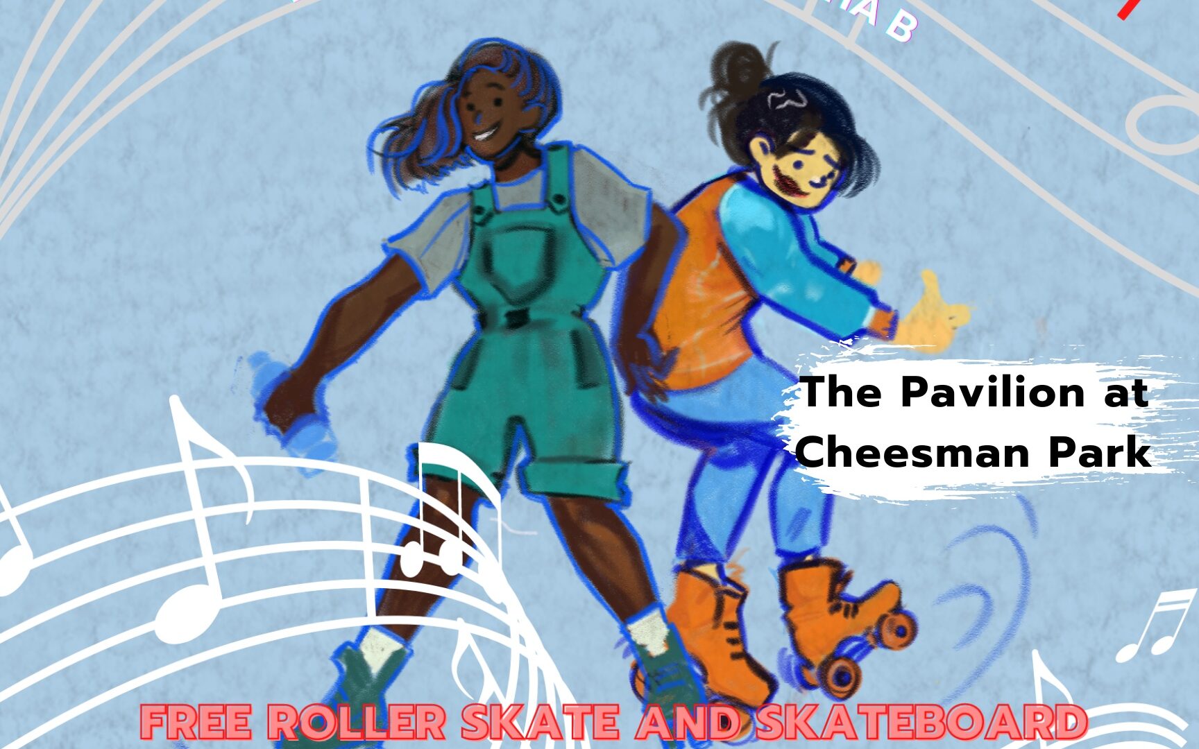 Two rollerbladers with the text "The Wheel Deal! Sunday July 10 - 11AM to 2PM. The Pavillon at Cheesman Park"