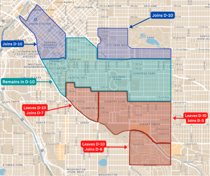 A picture of District 10, including the areas of North and South Denver that will be added to District 10