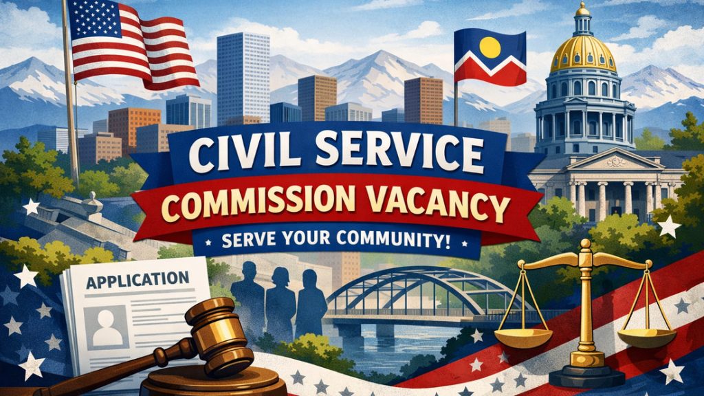 Image with text "Civil Service Commission Vacancy" and icons that describe Denver and Colorado including the Denver flag, judge's gavel, scales of justice, mountains,