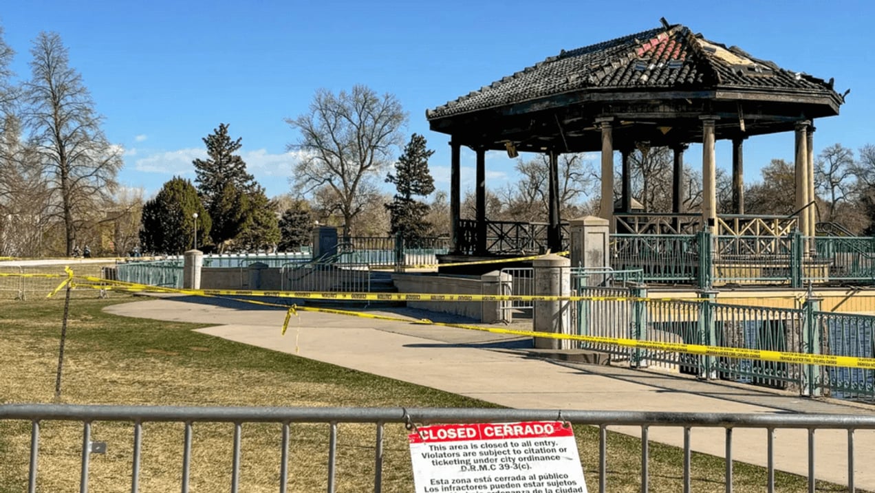 Charred remains of burned bandstand